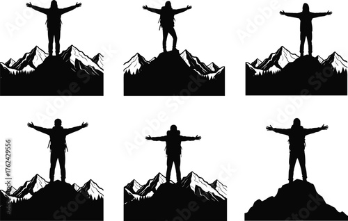 WebMountain peak silhouettes with person celebrating success, freedom adventure, outdoor exploration, achievement victory, nature landscape, climbing summit illustration