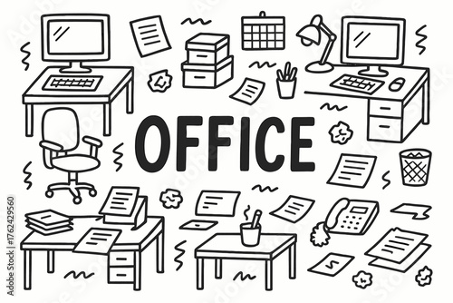 Office Doodle Art. Doodle office scene with computers, desks, and papers, center word “Office” in black and white isolated