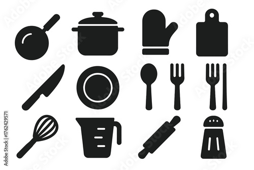 Solid Cooking Icons. Solid style icons of Kitchen Cooking: Frying Pan, Pot, Oven Mitt, Cutting Board, Knife, Plate, Spoon, Fork,