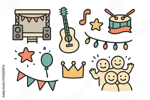 Festival Celebration Icons. Festival music doodle icon set: hand drawn icons of stage, guitar, drums, crown, star, balloon, lights