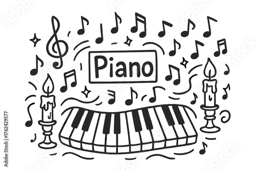 Piano Harmony Doodle. Doodle piano harmony with keys, notes, and candles, center word “Piano” in black and white isolated