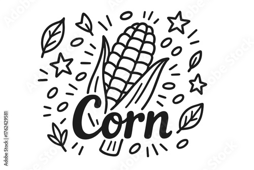 Doodle Corn Artwork. Doodle corn with stars, leaves, and kernels, center word “Corn” in black and white isolated transparent