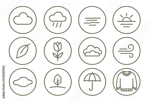 Serene Weather Icons. Line style round icons of quiet weather: cloud, soft rain, still water, morning light; leaf drift, closed