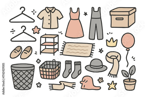 Closet Doodle Icons. Closet doodle icon set: hand drawn icons of hangers, shirt, dress, pants, shoes, box, shelf, rug, crown, star