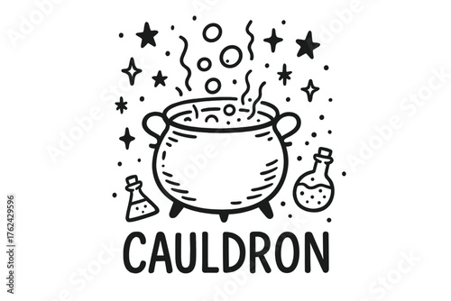 Doodle Cauldron Art. Doodle cauldron with stars, potions, and bubbles, center word “Cauldron” in black and white isolated
