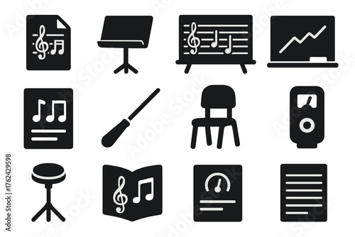 Music Classroom Icons. Solid style icons of Music classroom accessories: sheet music, music stand, chalkboard staff, music chart,