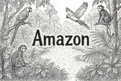 Amazon Forest Wildlife. Hand-drawn amazon rainforest with parrots, monkeys, and rivers, center word “Amazon” in black and white