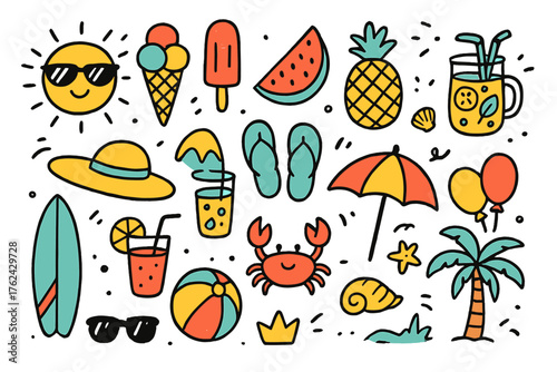 Summer Doodle Icons. Summer doodle icon set: hand drawn icons of sun with sunglasses, ice cream, popsicle, watermelon, pineapple,