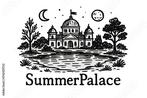 Summer Palace Serenity. Hand-drawn summer palace with moons, lakes, and trees, center word “SummerPalace” in black and white