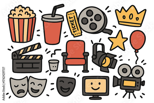Cinema Icon Doodle. Cinema doodle icon set: hand drawn icons of popcorn, soda, ticket, film reel, clapperboard, chair, crown, star