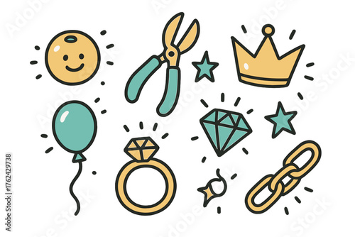 Jewelry Workshop Icons. Jewelry workshop doodle icon set: hand drawn icons of beads with smile, pliers, crown, star, balloon, gem,