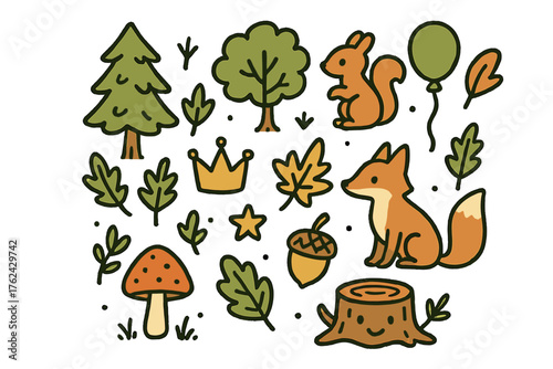 Forest Doodle Icons. Forest doodle icon set: hand drawn icons of pine tree, oak tree, squirrel, fox, mushroom, crown, star,