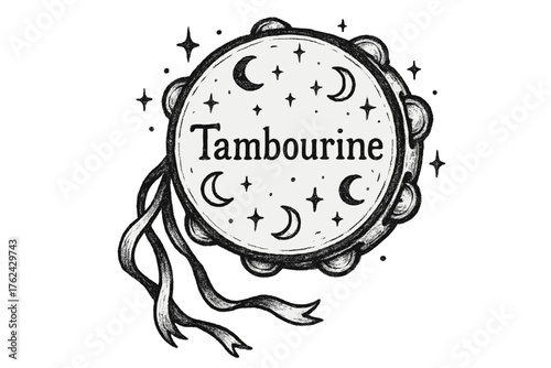 Moonlit Tambourine Design. Hand-drawn tambourine with moons, sparkles, and ribbons, center word “Tambourine” in black and white