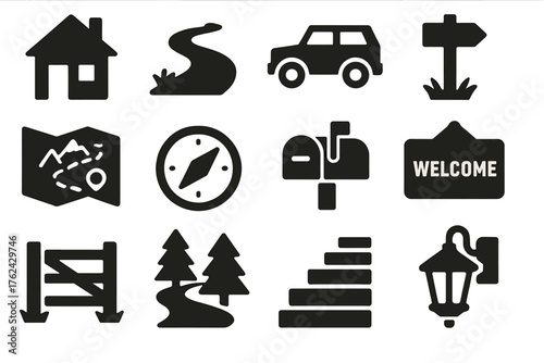 Navigation Icons Collection. Solid style icons of Navigation and arrival: cabin sign, dirt path, parked vehicle, trail marker,