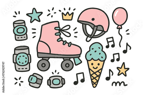 Skating Doodle Icons. Skating doodle icon set: hand drawn icons of roller skates, helmet, pads, crown, star, balloon, music notes,