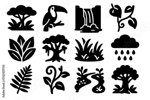 Rainforest Icons Collection. Solid style icons of Rainforest environment: canopy, toucan, waterfall, vine, dense foliage, mossy