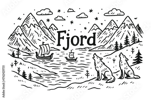 Snowy Fjord Doodle. Doodle snowy fjord with mountains, ships, and wolves, center word “Fjord” in black and white isolated