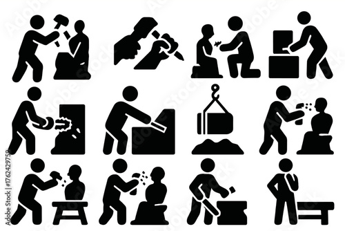 Sculptor's Craft. Solid style icons of Sculptor at Work: carving figure, hammer and chisel, polishing statue, chainsaw sculpting,