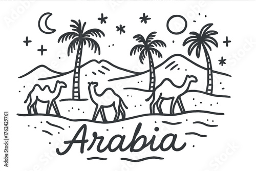Arabian Desert Doodle. Doodle saudi desert with camels, palms, and moons, center word “Arabia” in black and white isolated