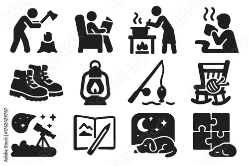 Cabin Lifestyle Icons. Solid style icons of Cabin lifestyle and activities: chopping wood, reading by fire, cooking stew, sipping