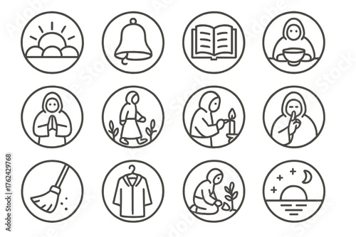 Monastic Routine Icons. Line style round icons of daily monastic routine: sunrise, bell, scripture reading, meal; prayer, walk,