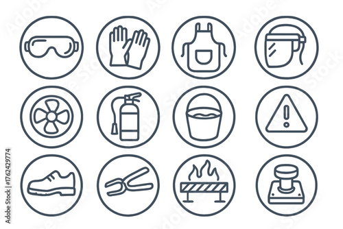 Safety Equipment Icons. Line style round icons of studio safety: goggles, gloves, apron, face shield; ventilation fan, fire
