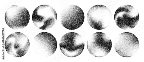 Halftone spheres digital graphic. Set of ten black dotted circles with various gradient patterns for distressed texture or abstract design.
