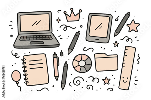 Designer Doodle Icon Set. Designer profession doodle icon set: hand drawn icons of laptop, tablet, stylus, notebook, pen, crown,