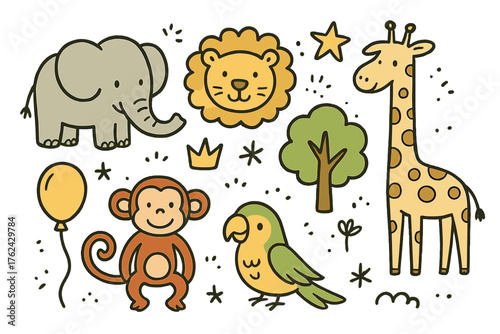 Zoo Animal Doodles. Zoo animals doodle icon set: hand drawn icons of elephant, lion, monkey, giraffe, crown, star, balloon, tree,
