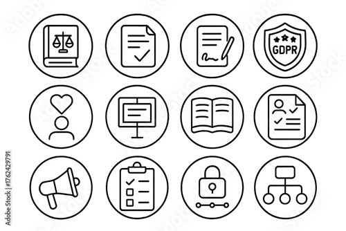 HR Compliance Icons. Line style round icons of HR compliance and policy: legal book, policy doc, contract icon, GDPR shield;