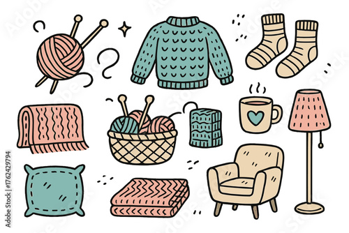 Cozy Knitting Icons. Knitting cozy doodle icon set: hand drawn icons of yarn ball, knitting needles, sweater, socks, blanket,