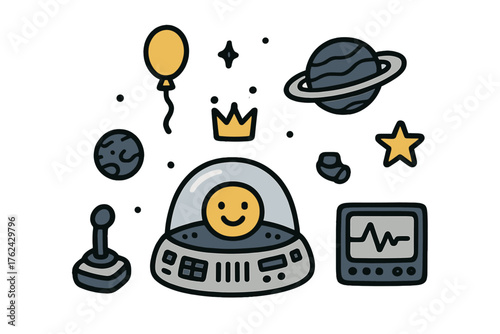 Cute Space Icons. Space simulator doodle icon set: hand drawn icons of spaceship cockpit with smile, crown, star, balloon, planets