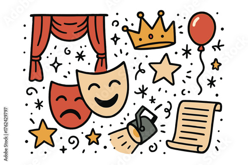 Theater Icons Doodle. Theater crafts doodle icon set: hand drawn icons of masks with smile, curtain, crown, star, balloon,