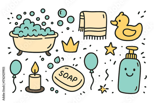 Cute Bath Essentials. Bath doodle icon set: hand drawn icons of bathtub, bubbles, towel, rubber duck, crown, star, balloon, candle