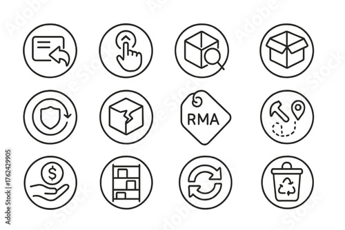 Reverse Logistics Icons. Line style round icons of reverse logistics: return label, pickup request, item inspection, repack icon;