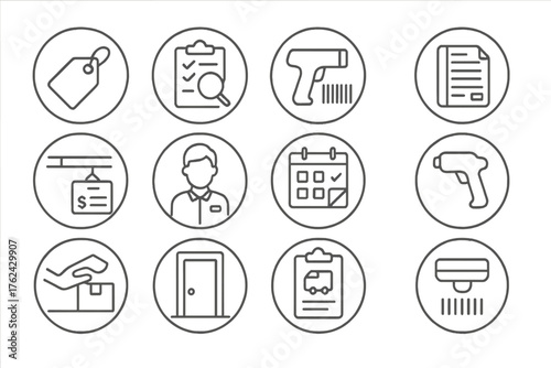 Store Operations Icons. Line style round icons of store operations: inventory tag, stock check, barcode gun, restock list; shelf