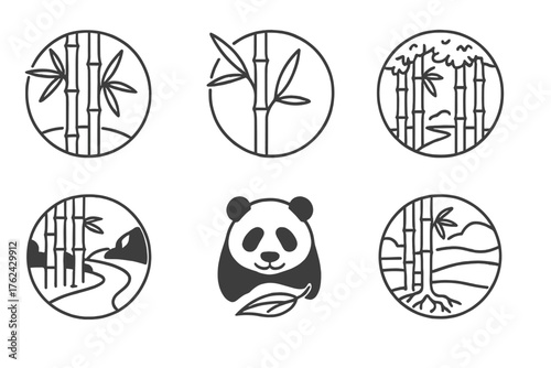Bamboo Forest Icons. Line style round icons of bamboo forest: bamboo stalks, leaves, shoots, canopy; forest path, panda silhouette