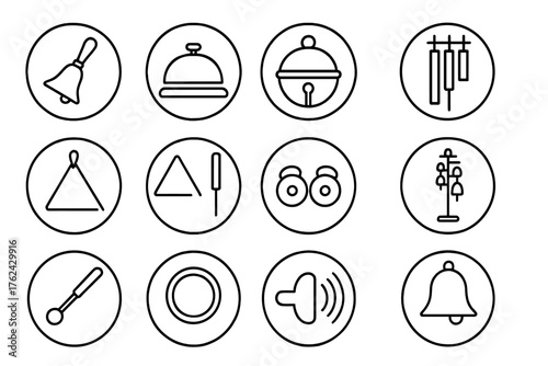 Round Musical Bell Icons. Line style round icons of musical bells: handbell, desk bell, sleigh bell, tubular bell; triangle, chime