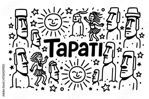 Tapati Festival Doodle. Doodle easter island tapati festival with statues, suns, and stars, center word “Tapati” in black and