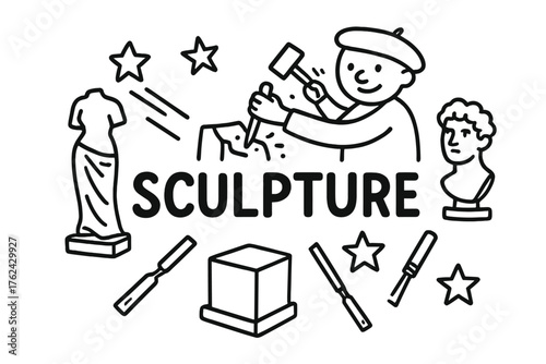 Doodle Sculptor Artistry. Doodle sculptor with stars, chisel, and statues, center word “Sculpture” in black and white isolated