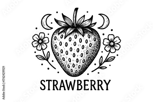 Strawberry Art Exploration. Hand-drawn strawberry with seeds, blossoms, and moons, center word “Strawberry” in black and white