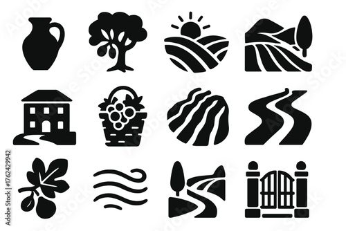 Mediterranean Vineyard Icons. Solid style icons of Mediterranean Vineyard: terracotta jug, olive tree, sunlit hill, stone villa,