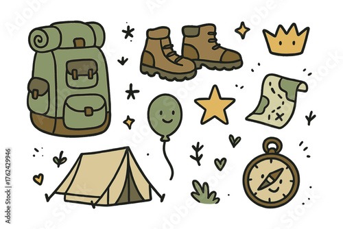 Backpacking Doodle Icons. Backpacking doodle icon set: hand drawn icons of big backpack, boots, crown, star, balloon, map, tent,