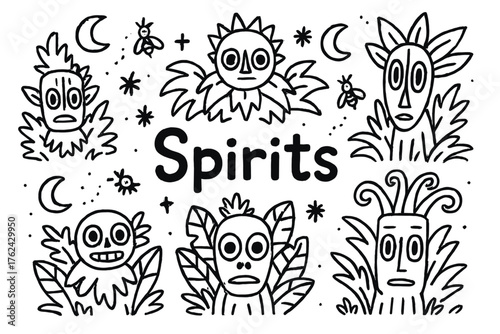 Doodle Jungle Spirits. Doodle jungle spirits with masks, fireflies, and moons, center word “Spirits” in black and white isolated