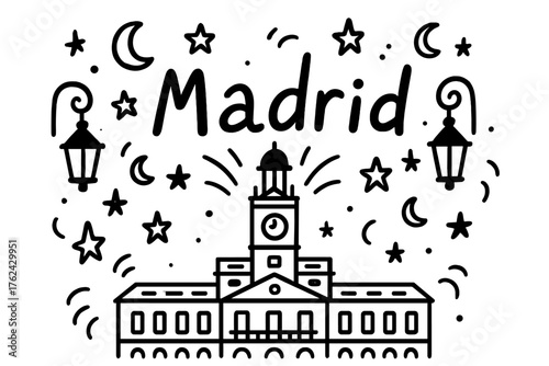 Madrid Night Doodle. Doodle madrid puerta del sol with stars, moons, and lanterns, center word “Madrid” in black and white