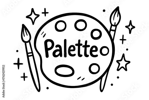 Palette Doodle Art. Doodle painter palette with stars, brushes, and sparkles, center word “Palette” in black and white isolated