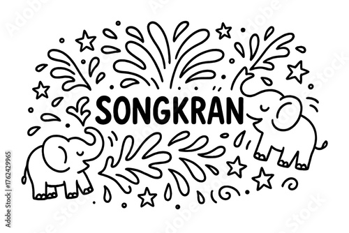 Songkran Celebration Doodle. Doodle thailand songkran with water splashes, elephants, and stars, center word “Songkran” in black