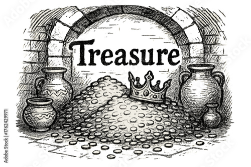 Golden Treasure Chamber. Hand-drawn treasure chamber with gold, jars, and crowns, center word “Treasure” in black and white