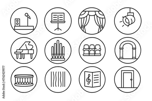 Concert Hall Icons. Line style round icons of concert hall: stage, music stand, grand curtain, spotlight; harpsichord, organ pipe,