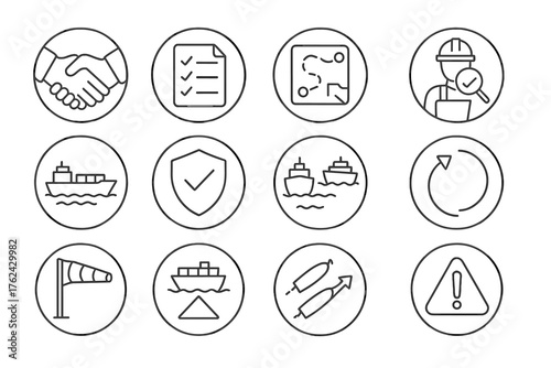 Round Icons_ Expert Services. Line style round icons of expert services: handshake, checklist, route review, inspection; ship